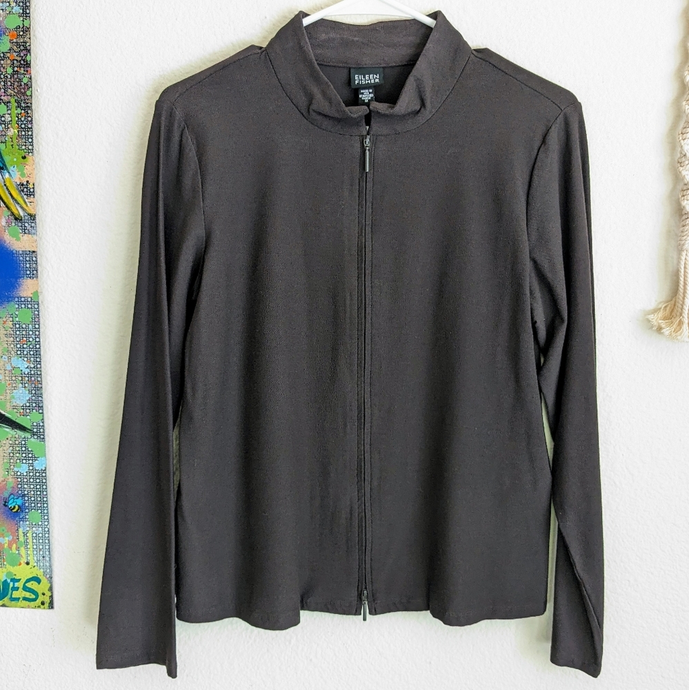 Eileen Fisher Brown Two-Way Zipper Knit Mandarin Collar Jacket Medium
